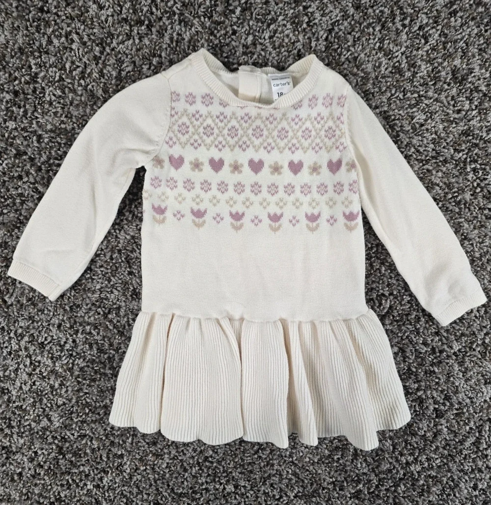 Carters Baby Girls Sz 18M Long Sleeve Sweater Knit Dress Cream Purple Hearts